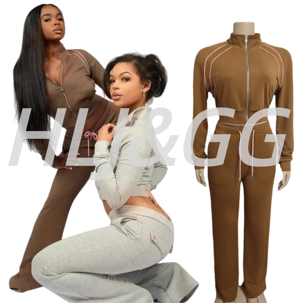 HLJ & GG الخريف عادية الصلبة رياضي قطعتين مجموعات النساء البريدي كم طويل المحاصيل الأعلى و الرباط السراويل وتتسابق موضة رياضية