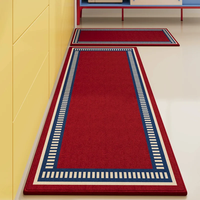 VIKAMA Beige Blue Red Line Kitchen Rug Floor Mat Runner Non Slip Washable Soft Absorbent For Home Decor