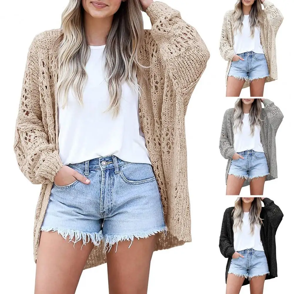 Women Hollow Knit Cardigan Stylish Women's Knitting Cardigan with Long Sleeves Hollow Design for Spring Autumn Loose Fit Solid