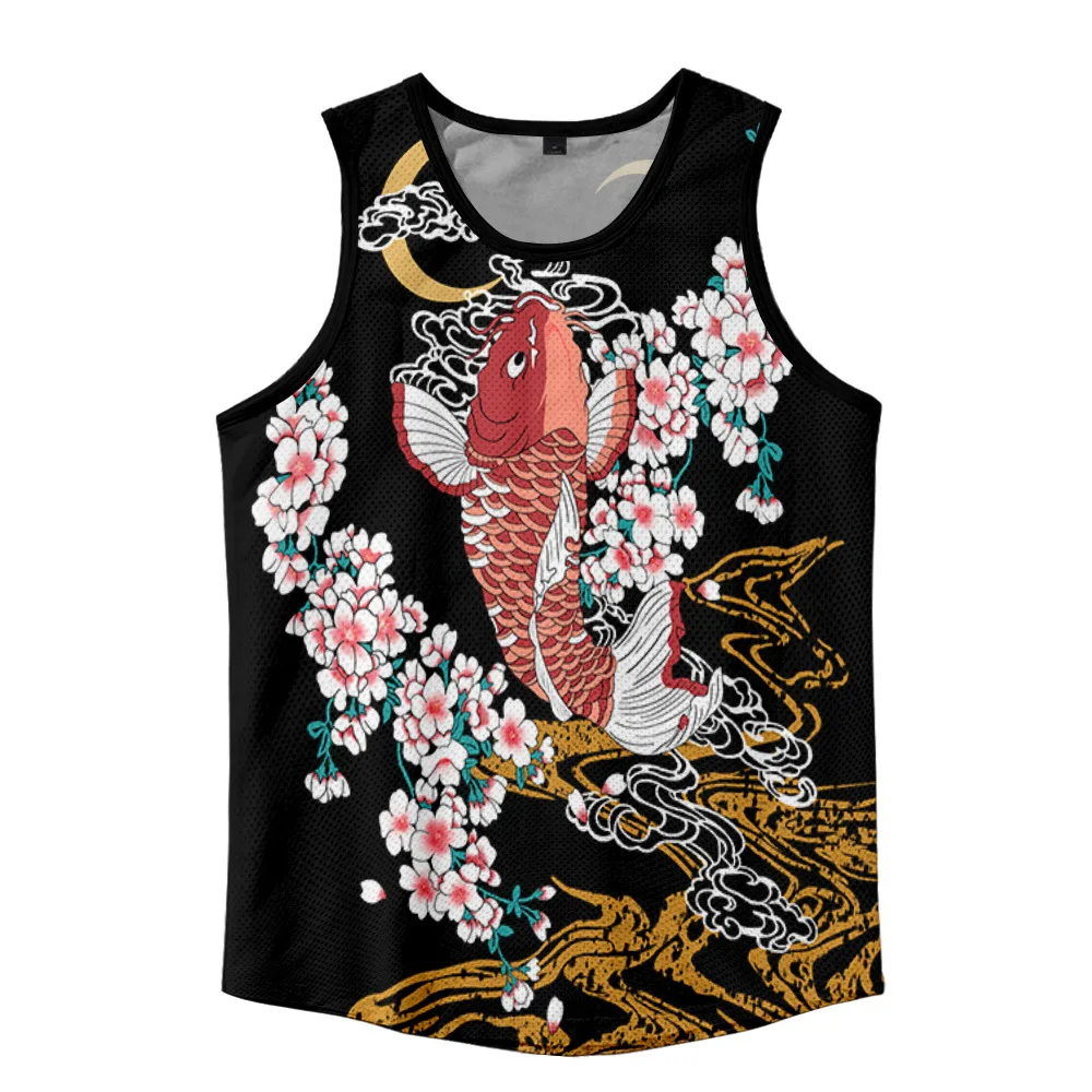 Fashion Fish Flower Print Tank Tops Fashion Sleeveless Shirt Sportswear Vest Casual Punk Singlet Plus Size Mesh Tops Hip Hop Men