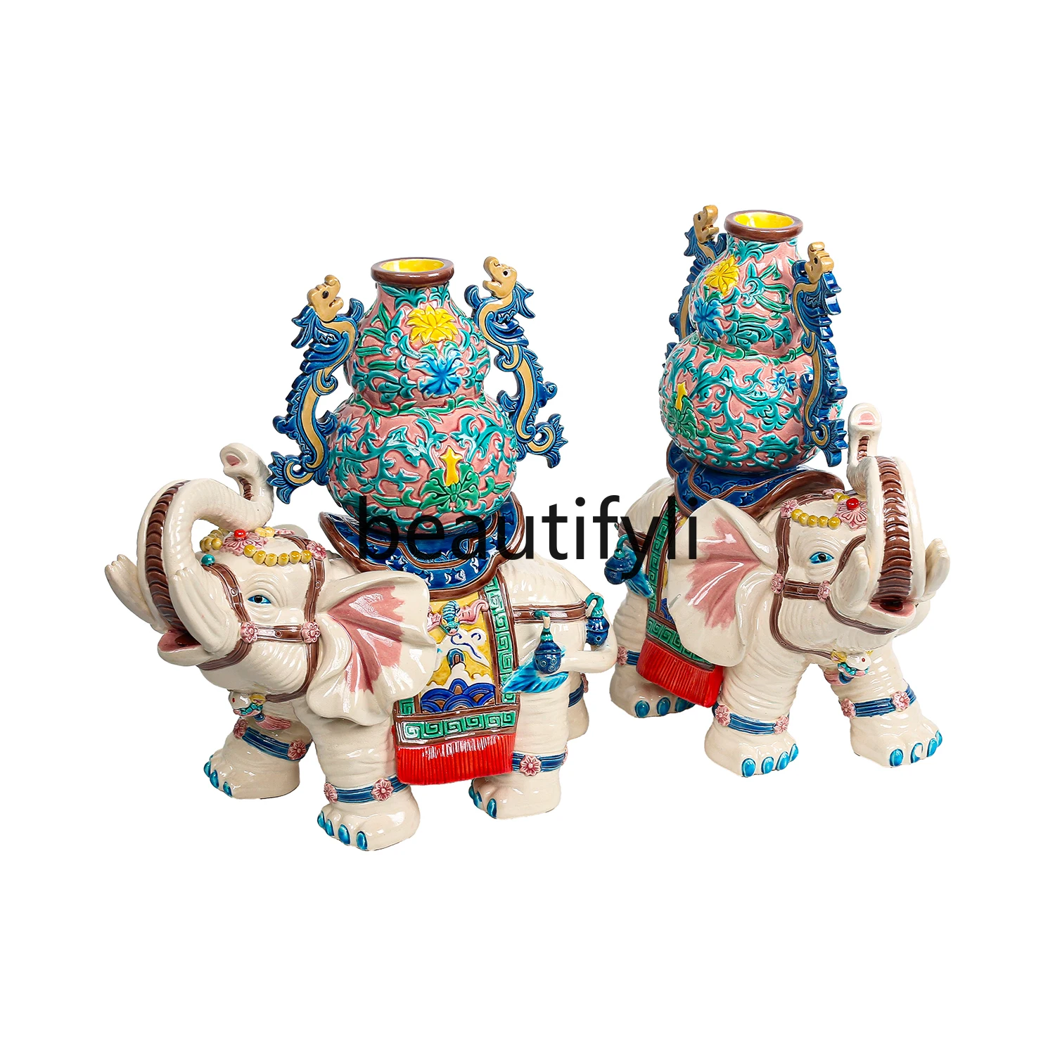 Intangible Cultural Heritage Handmade Glazed Coconut Pottery Home Decoration Entrance Ornament-Large Taiping Elephant