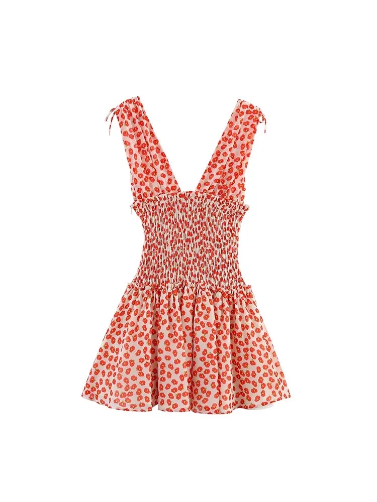 فستان نسائي صيفي قصير بدون أكمام موضة 2025 فساتين شيفون حلوة برقبة على شكل حرف v مطبوعة بفيونكة أنيقة للشارع بخصر مطاطي ملابس #2