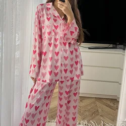 Autumn Pink Heart Printed Silk Satin Women's Home Clothes Sweet Long-sleeved Trousers Sets 2 Pcs Sleepwear Home Wears Nightwear