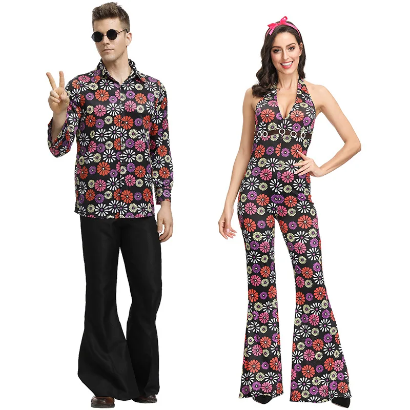 Volwassen Retro 60S 70S Disco Hippie Hippie Kostuum Vrouwen Mannen Paar Groovy Baby Halloween Purim Feest Kostuums Verkleedkleding