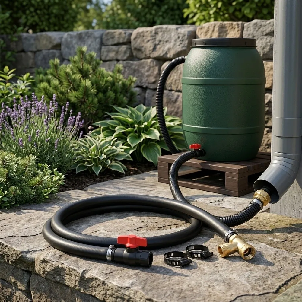 Rainwater Bucket Connector Kit for Overflow and Diverter Hose Integration Compatible with Standard Rain Barrels