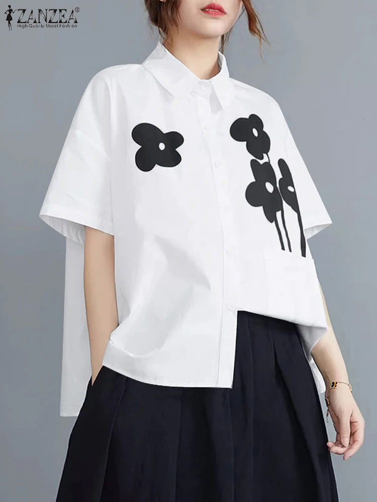 2025 ZANZEA 女性ラペルネック半袖ブラウス夏のファッションシャツカジュアルプリント Blusas 女性の仕事 OL トップスオーバーサイズシュミーズ