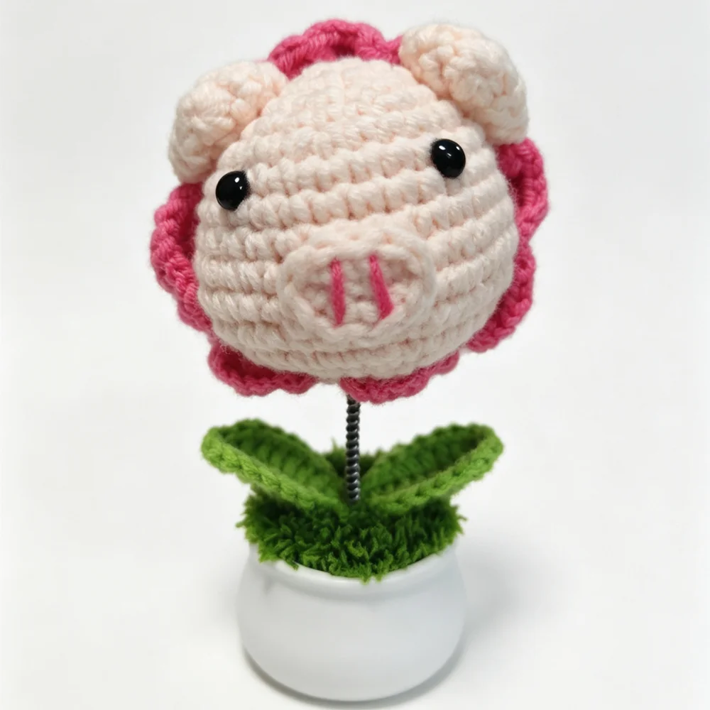 Niedliches Schweinchen-Blumentopf-Set aus Häkelgarn, handgemachtes Amigurumi-Schweinchen als Schreibtischbegleiter, pflegeleichte Pflanze für Ihr Regal, Geschenk für Schweinchenliebhaber