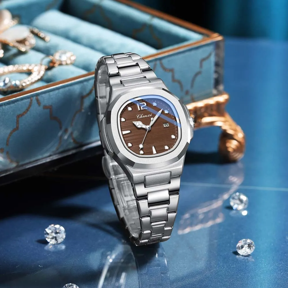 CHENXI New Women's Watch Stainless Steel Band Business Versatile Casual Water-Resistant Nautilus-Style Dial Women's Quartz Watch