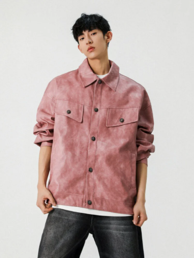 

American Retro Tie Dye Leather Jaet Men's High Faion Loose Flip Collar Top Spring Autumn Trendy Brand PU Leather Jaet