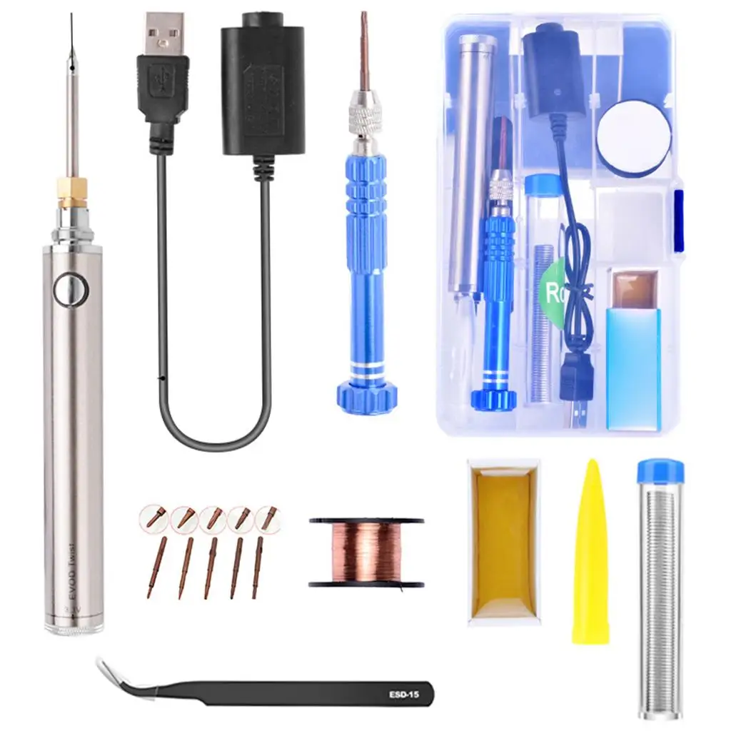 Adjustable Temperature Soldering Iron Kit USB Powered 8W with Tweezers Screwdriver and Storage Case for Gluing Materials and