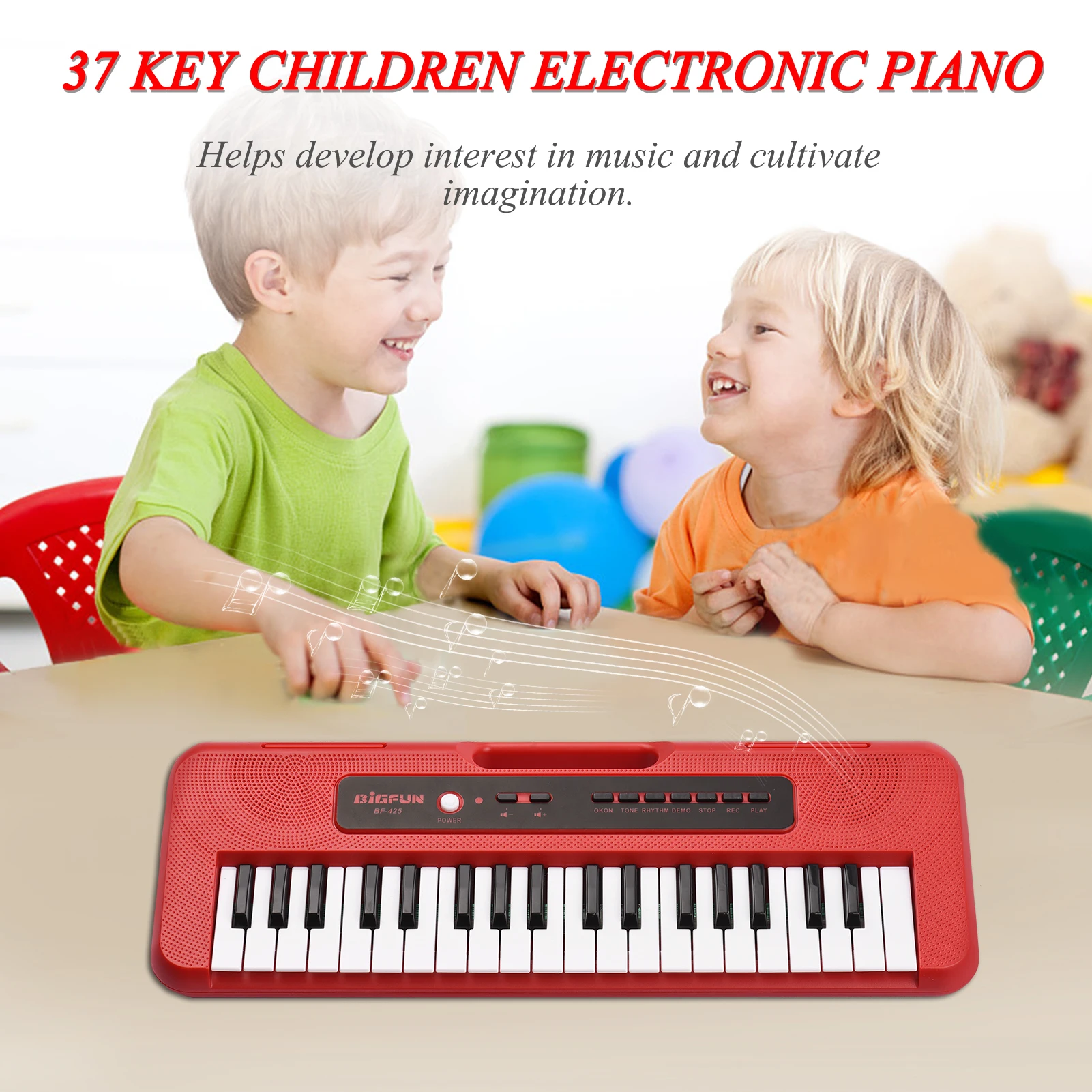 BIGFUN – Piano électronique pour enfants, 37 touches, avec Mini Microphone préréglé, 10 démos, prend en charge l'enregistrement des écouteurs/prise Aux
