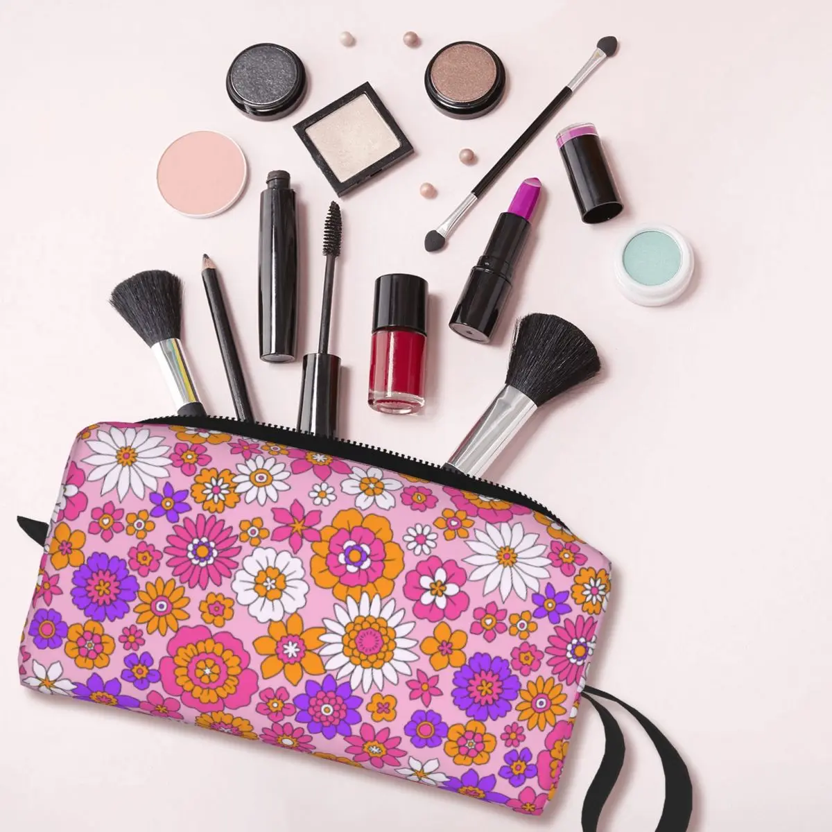 Colorful 60s 70s Style Retro Floral Makeup Bag Pouch Zipper Cosmetic Bag Travel Toiletry Bag Organizer Storage Bag for Women