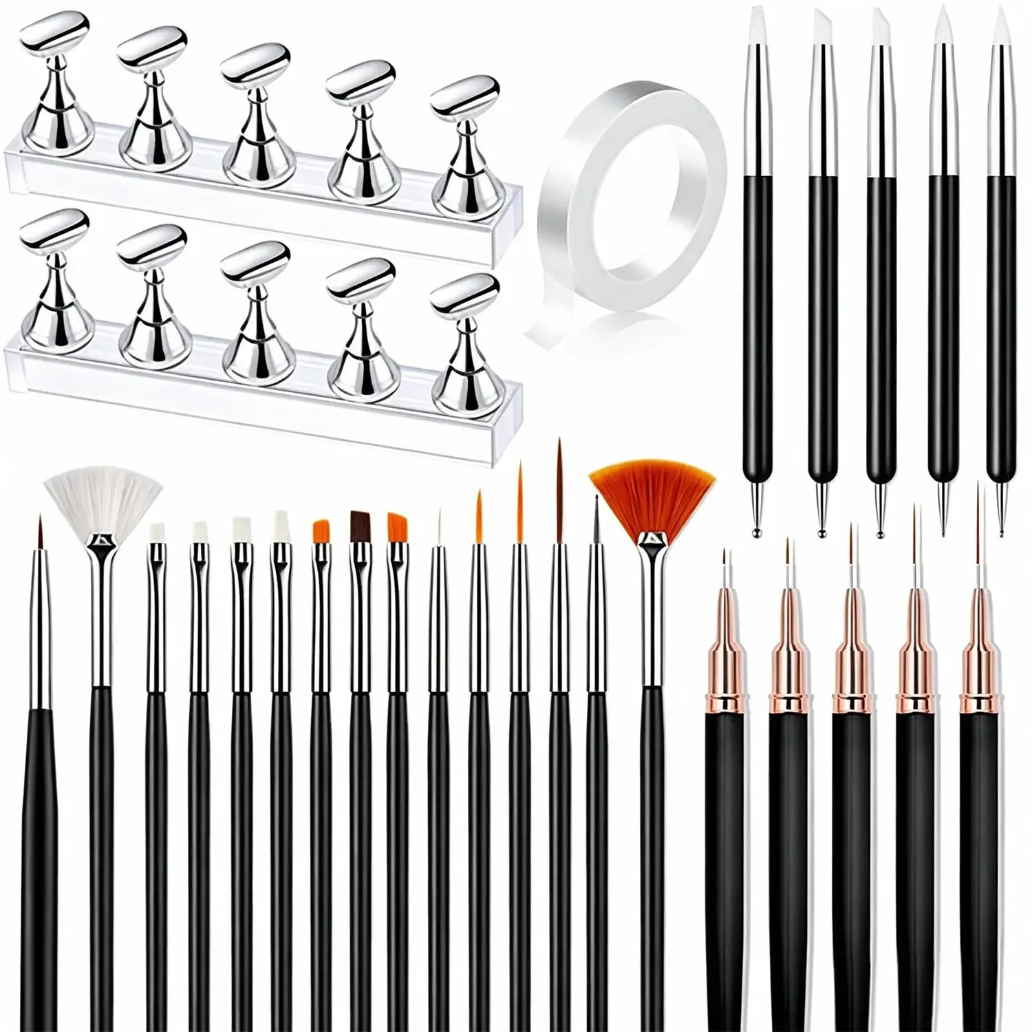 

28-Piece Nail Art Set – 15 Brushes + 5 Dotting/Carving + 5 Liners + 2 Magnetic Stands + Tape – Home/Salon, Beginner Must-Have