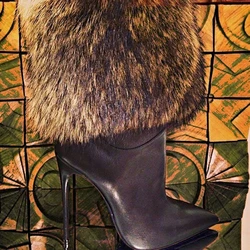 Sexy Warm Fur Knee High Boots Pointed Toe Stiletto Heels Fashion Leather Winter Booties Smoth Upper Sewing Casual Women Shoe