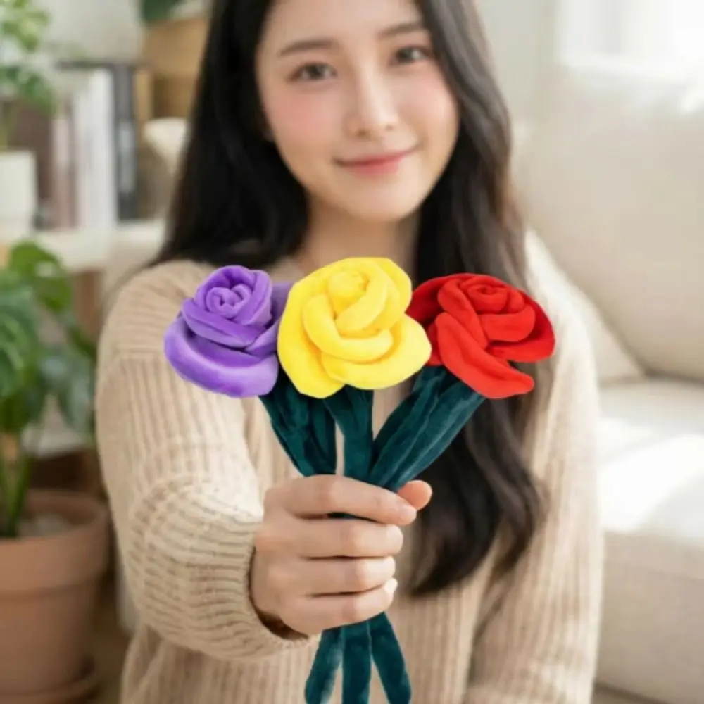 28cm Plush Rose Bouquet Doll Soft Stuffed 9 Colors Simulation Flowers Rose Plush Doll Lifelike Design Cartoon Plant