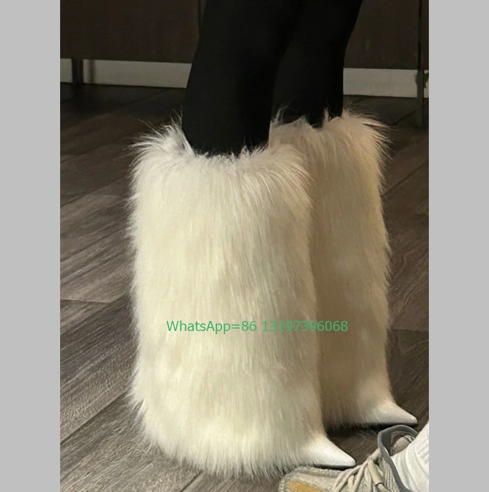 Lady White Fur Pointed Toe Knee Boots Winter Dress Party Sesy New Arrive Footwear Size 35-46 Stiletto Heel Turn-Over Fur Boots