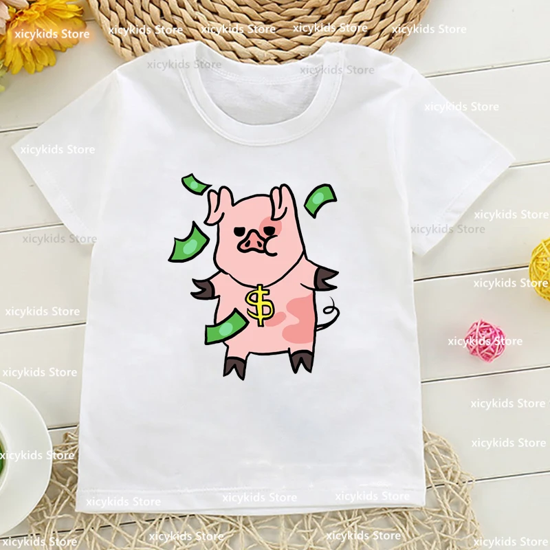 

Kawaii Girls T-Shirt Cute Pink Pig Animal Print Young Children Fashion Casual Boys Girls Clothing White O-Collar Shirt Tops