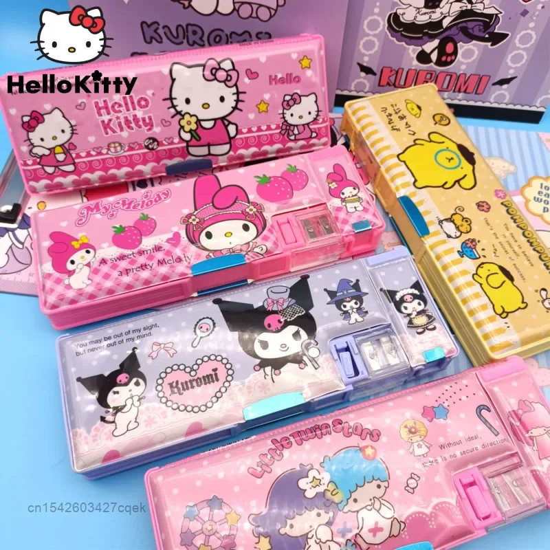 Sanrio Hello Kitty Multifunctional Stationery Box Double Sided Student Pen Pencil Case With Pencil Sharpener Cartoon Cute Cover