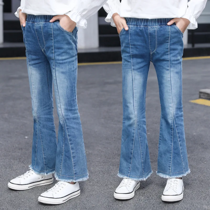 

Girls' Stylish Jeans, Spring and Autumn Fur Edge Casual Pants, Wearing Spray White Flared Pants on The Outside