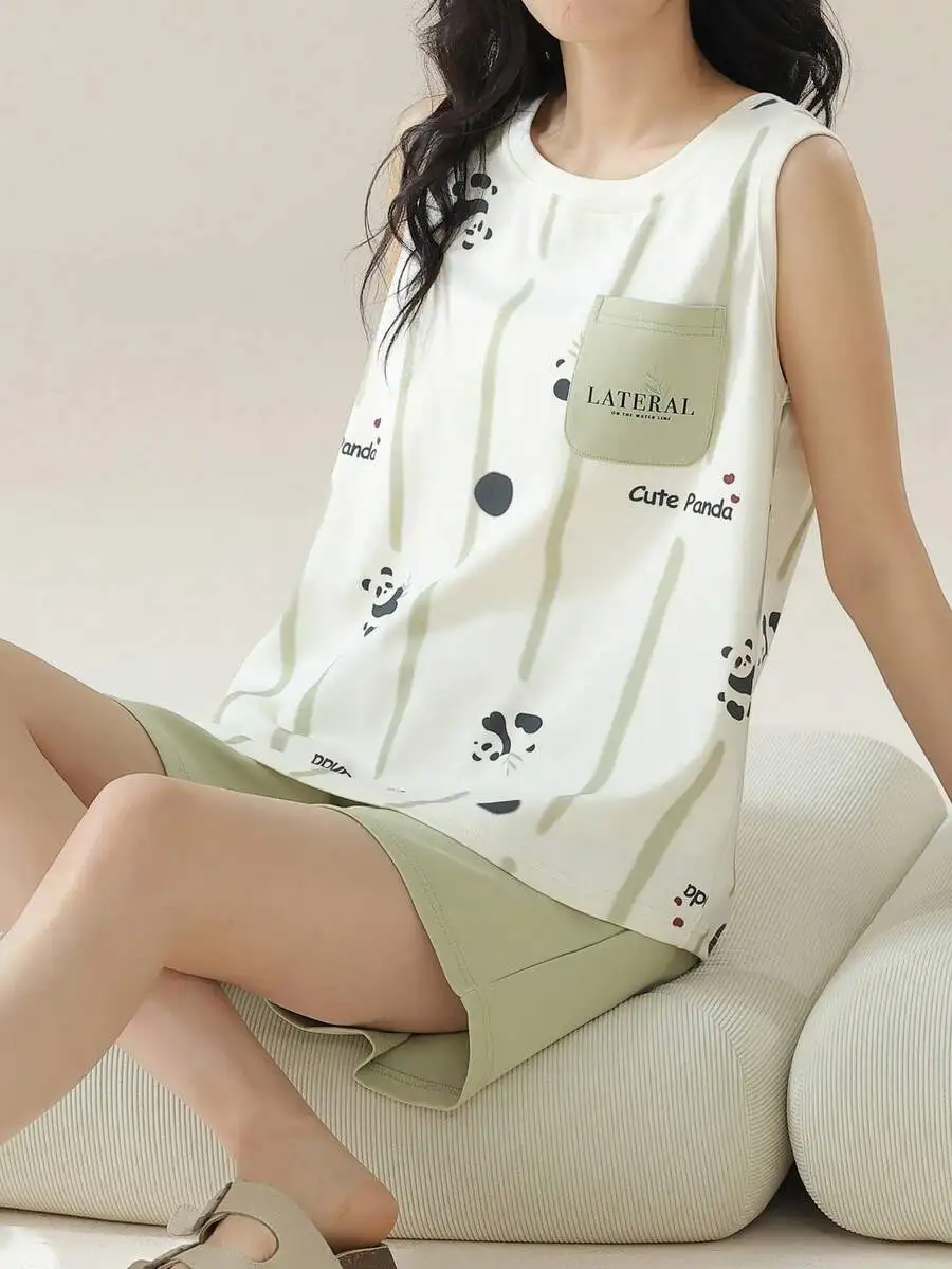 Women Sleepwear Set Cute Panda And Letter Print Sleeveless Top With Shorts For Spring Summer Lounge Wear