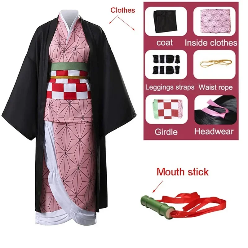 Adult Kids Anime Demon Slayer Kamado Nezuko Costume Cosplay Earrings Figure Mask Keychain Shoes Wig Tooth Woman Girl Kimono Gift