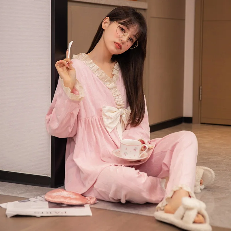 M-2XL, большие размеры, японское весеннее милое кимоно, женские топы для сна с длинными рукавами, длинные брюки, молодежные пижамы, хлопковая свободная домашняя одежда