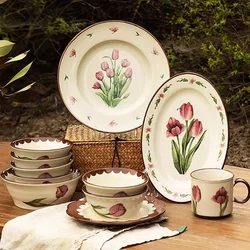 Retro Tulips Flower Ceramic Plates Light Luxury Restaurant Salad Steak Plate Home Afternoon Tea Exquisite Fruits Dessert Plate