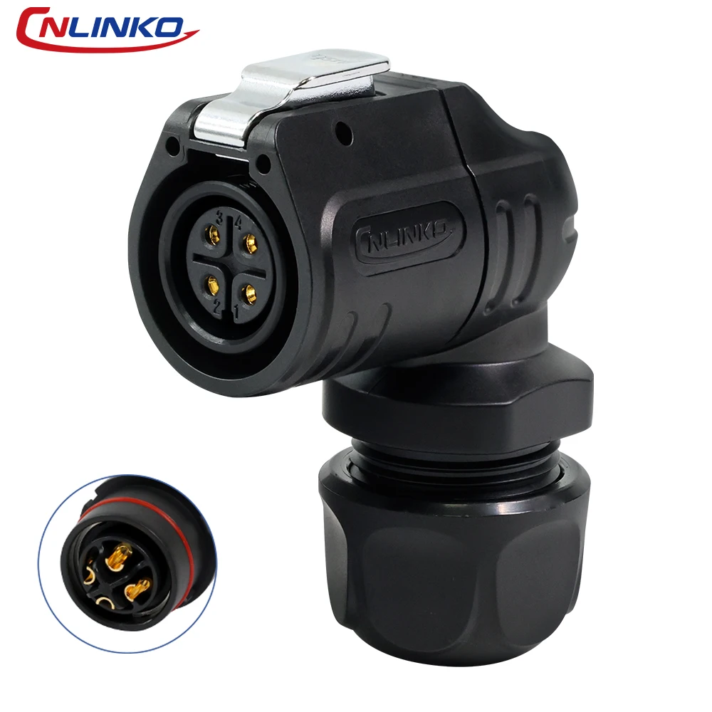 CNLINKO M16 Industrial Robot Connector 90° Right Angle 4 Pin Solder Type Push-Button Latch PBT Circular Plug +Flange Socket