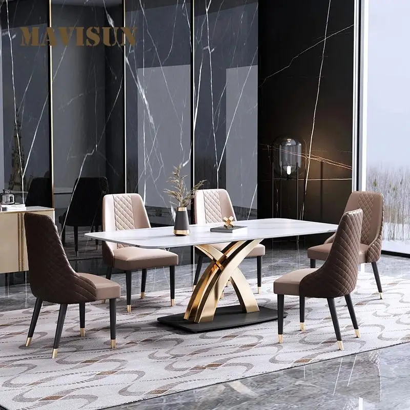 Light Luxury Rock Slab Dining Table High-End Rectangular Marble Household Small Apartment Modern Simple Bright Furniture Set