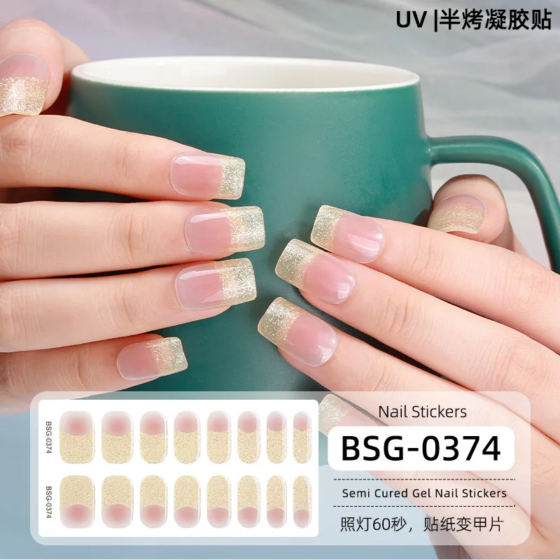 16 Strips Semi-Uithardende Gel Nagelstickers 3d Bronzing Gel Nagel Patches Volledige Pasta Stickers Uv Baklamp Nodig