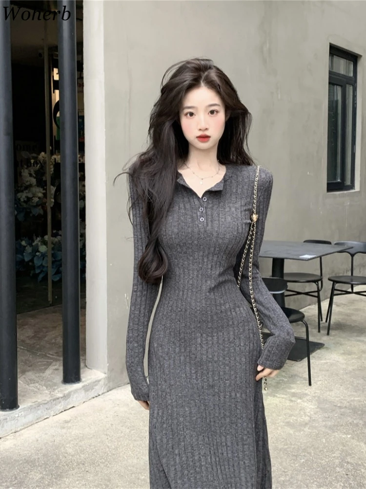 2024 Vestidos De Mujer Maxi Dresses Women Knitted Tunic Solid Color Robe Femme Single Breasted Bodycon Autumn Y2k Vintage Dress