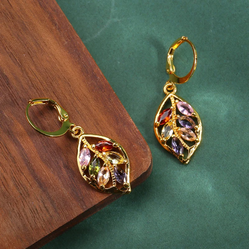 Fashionable Golden Leaf Inlaid Colored Zircon Earrings for Women, Exquisite Jewelry, Valentine\'s Day Gift
