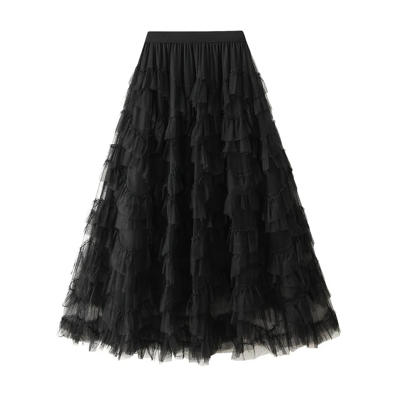 ファッションメッシュスカート女性のハイウエスト A ライン糸スプライシングルーズスカート多機能 2025 新しいプリーツスカートプリンセススカート