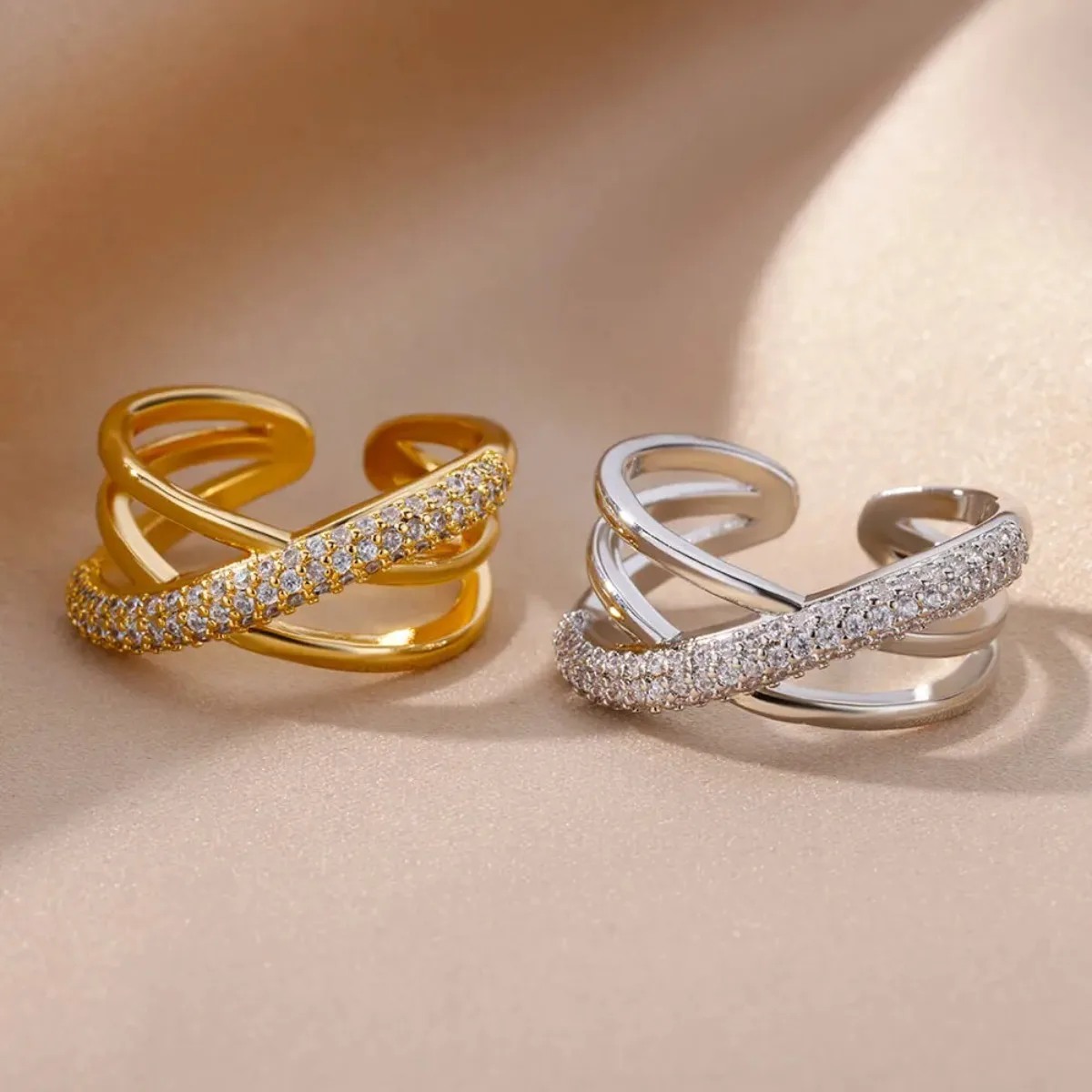 Zircon Double Crossed Shape Rings For Women Gold Plated Stainless Steel Cross Ring Luxury Wedding Couple Rings Aesthetic Jewerly