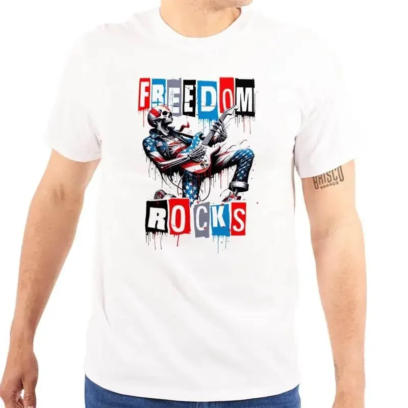 

Americana Skeleton Guitarist Freedom Rocks Womens or Mens Crewneck T Shirt Tee