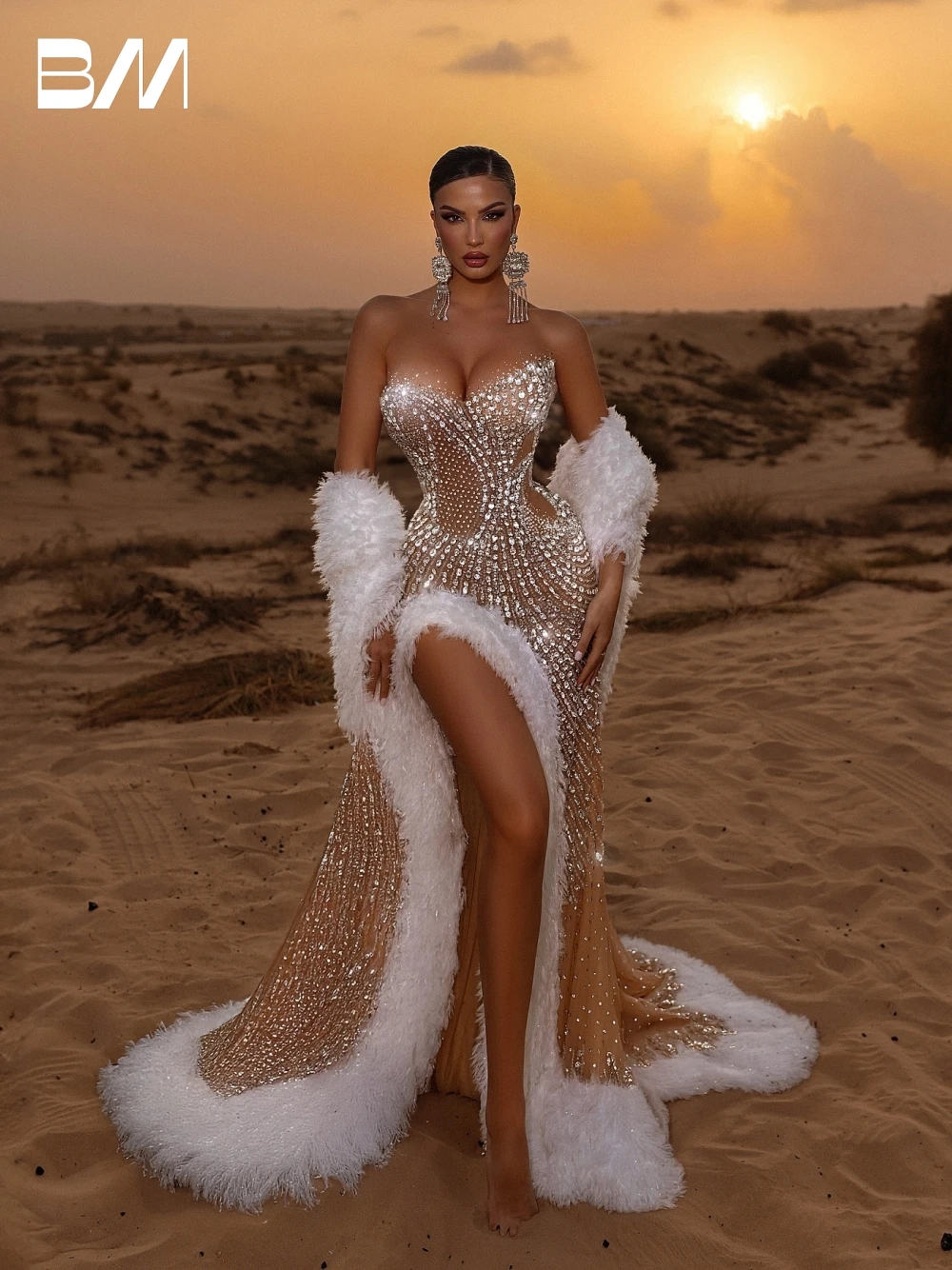 

Sexy Exquisite Feathered Mermaid Evening Dress Glamorous High Slit Crystals Cut Out Prom Gown Customized Dazzling Formal Events