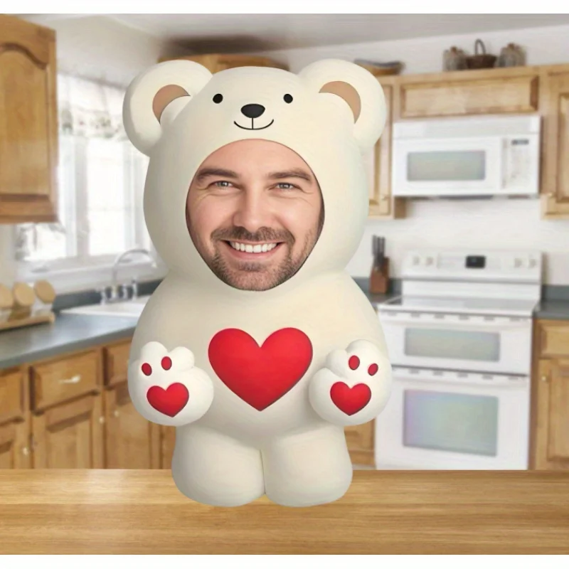 Personalized Irregular Bear Shaped Cushion Custom Human Face Red Heart Plush Pillow DIY Photo Upload Sofa Decor Anniversary Surp