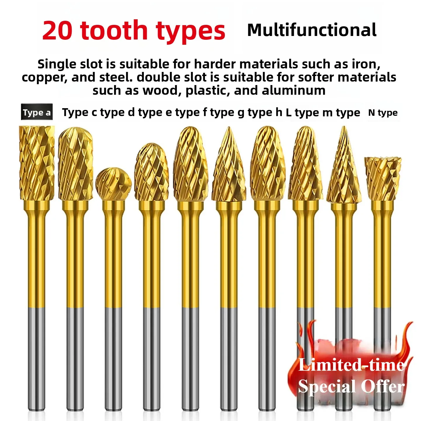 Titanium-Plated Hard Alloy Rotating File Woodworking Milling Cutter Metal Reaming Grinding Head 3mm Handle