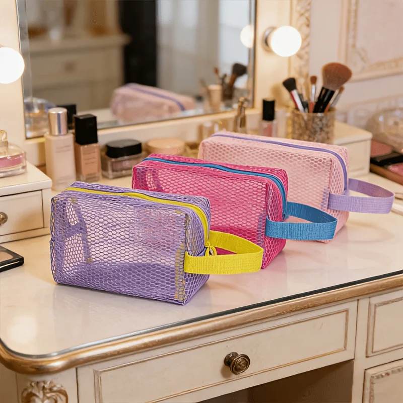 Dopamine Women's Small Handbag in Macaron Colors, Octagonal Mesh Handle Bag, Makeup Bag, Portable Large-Capacity Storage Bag for Outdoor Travel and Gym, Transparent Swimming Gear Bag, Water-Draining Breathable Beach Storage Bag