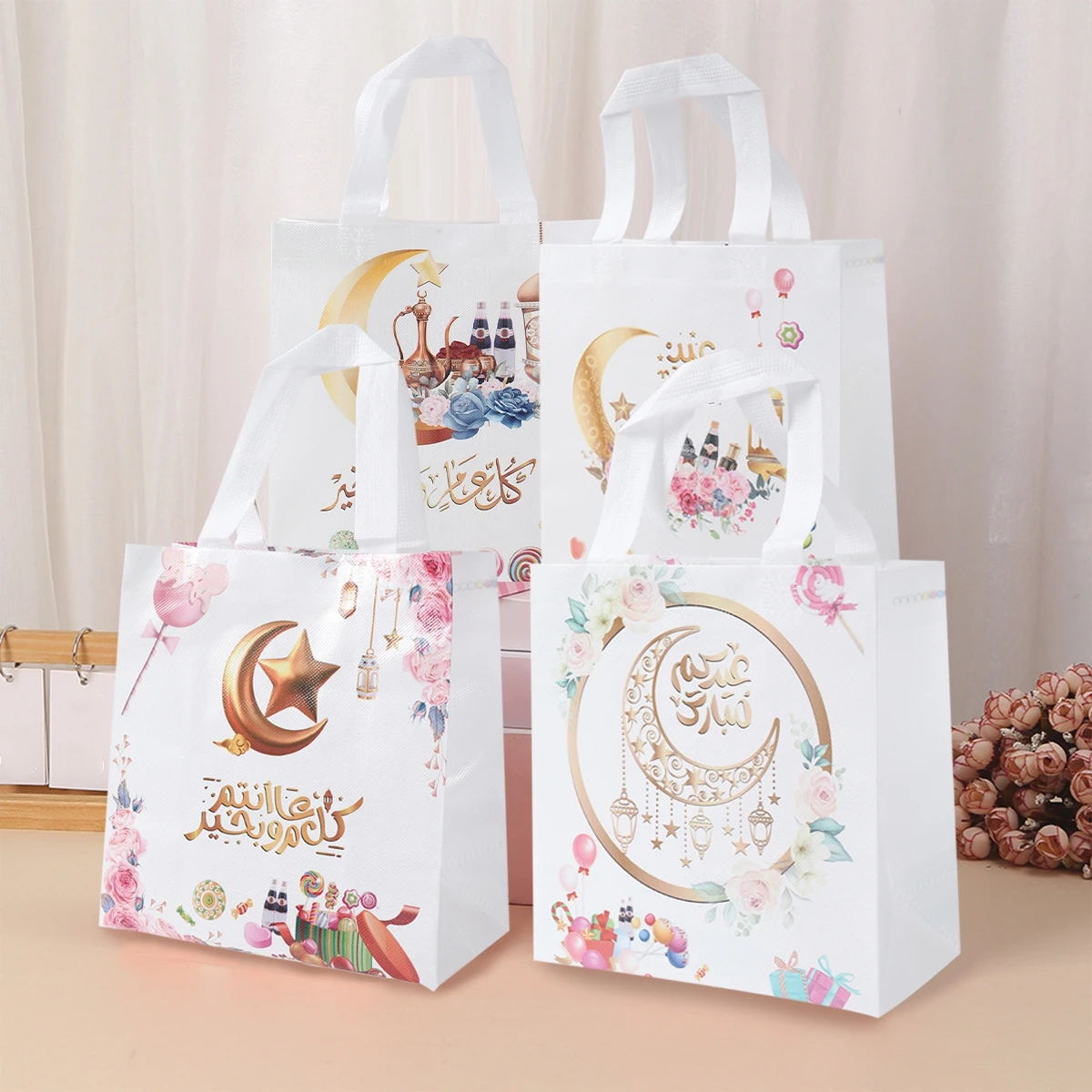 4pcs Eid Mubarak Non-woven Tote Bag For Ramadan Kareem Party Gift Packaging Decoration Islamic Muslim Holiday Candy Cookies Bag