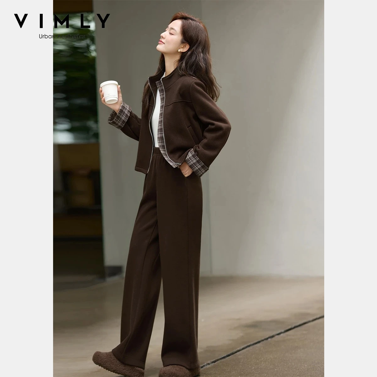 VIMLY femmes marron deux pièces ensemble hiver 2025 épissé Plaid col montant fermeture éclair hauts pantalons à jambes larges décontracté dame pantalons ensembles A3097