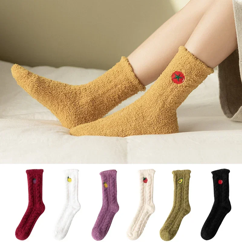 

Милые коралловые бархатные носки для женщин, зимние теплые носки-тапочки, рождественские носки с рисунком фруктов, термочулки из авокадо, персикового флиса