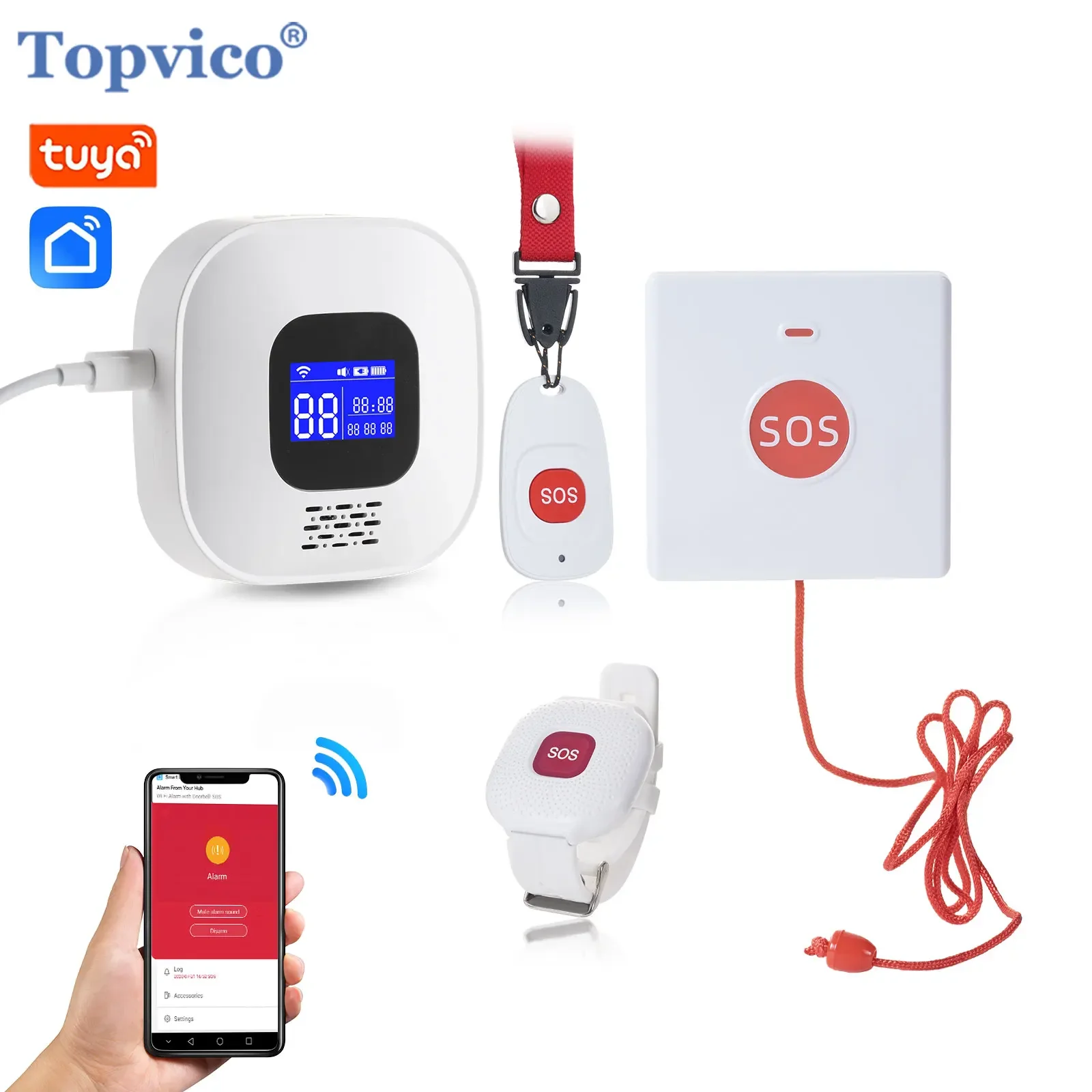 Topvico Tuya SOS Button WiFi Emergency Button for the Eldely Alarm, Fall Alert Call, Panic Button Bracelet Seniors Old People