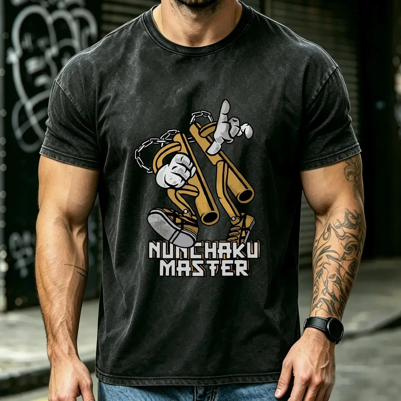 washed T Shirt Nunchaku Cartoon Kobudo Master nunchuks chainsticks chuka sticks Karate Martial Art Shop long or short sleeves