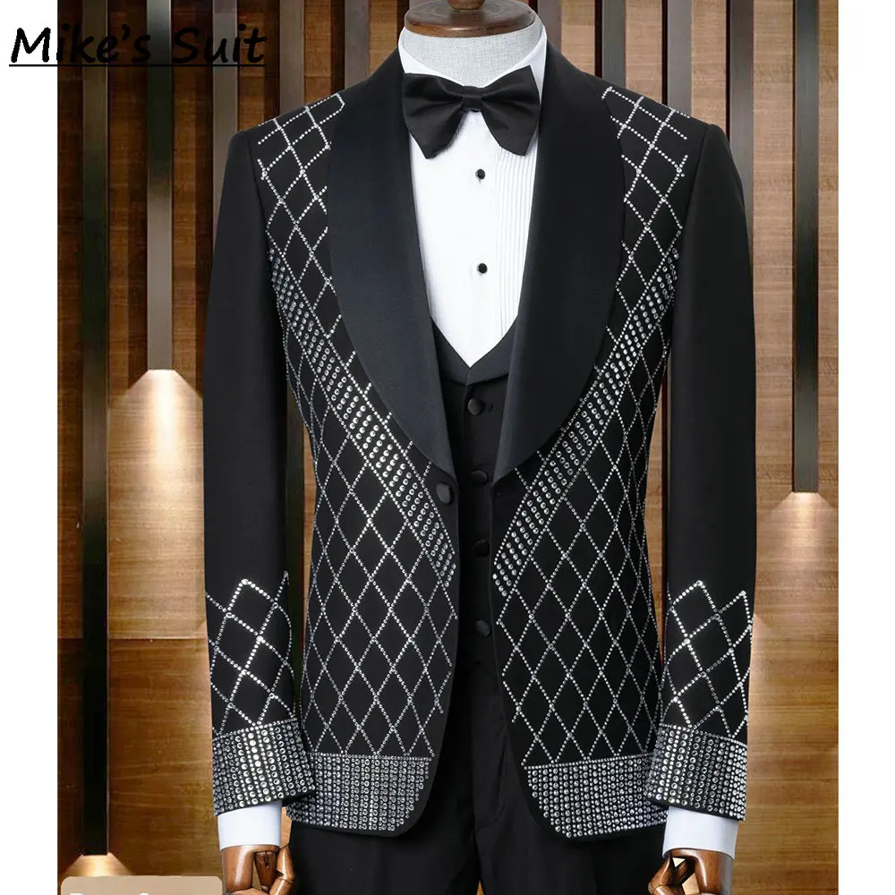 Luxurious Shiny Gem Men's Business Suit For Wedding Groom Wear Prom Man Suits Blazer 2 Pieces Set Jacket+Pant