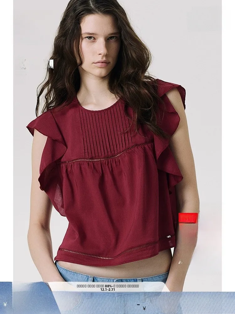 

Свободная женская блузка в американском стиле с пышными рукавами, глубокого красного цвета, для Нового года, весенняя, для повседневной носки, H&M, женская модная одежда, с круглым вырезом, стандартный крой.