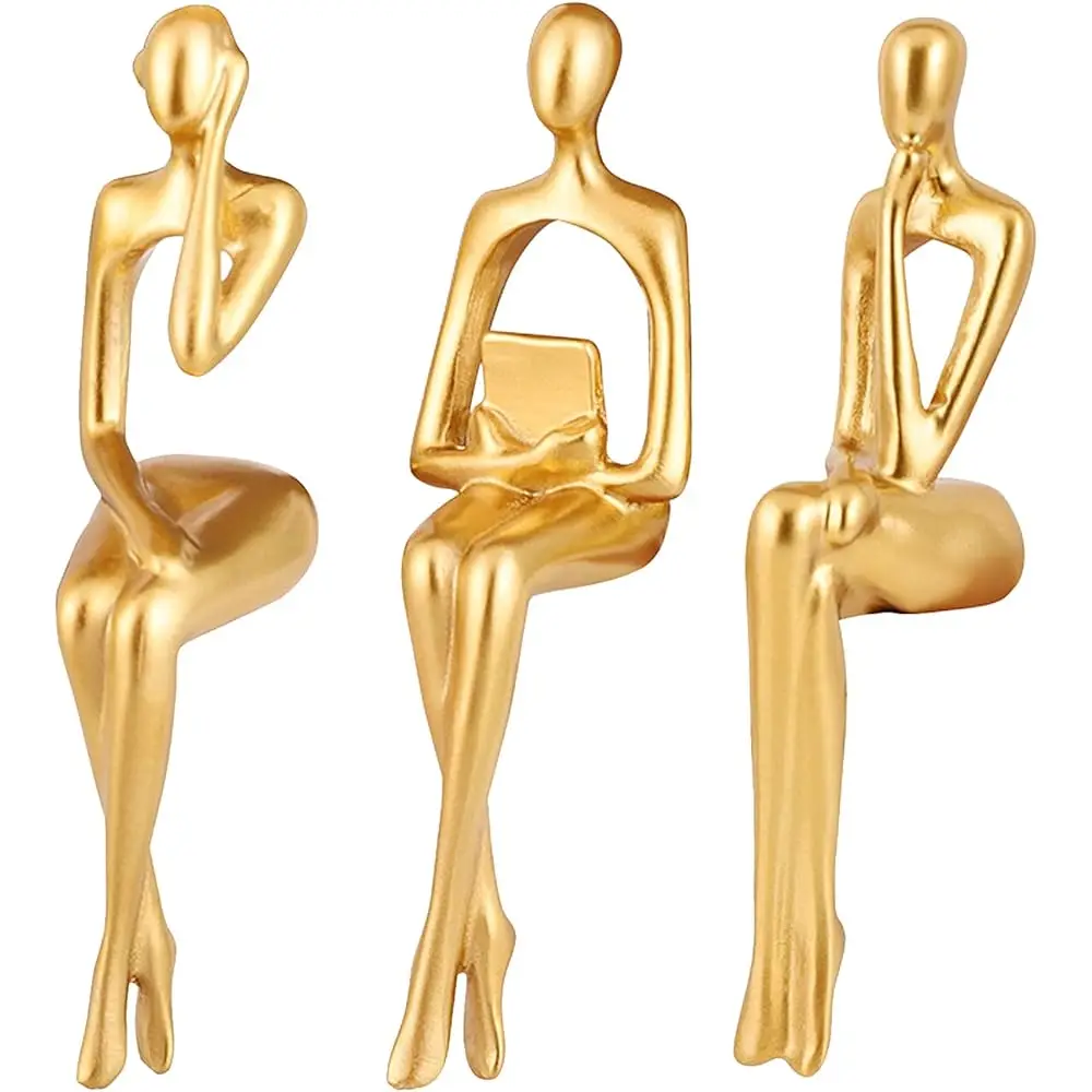 Escultura abstracta de estatua de pensador sentado con decoración dorada, estatuas de pensador de 3 uds, figuritas coleccionables, decoración de estante de libros, oficina dorada