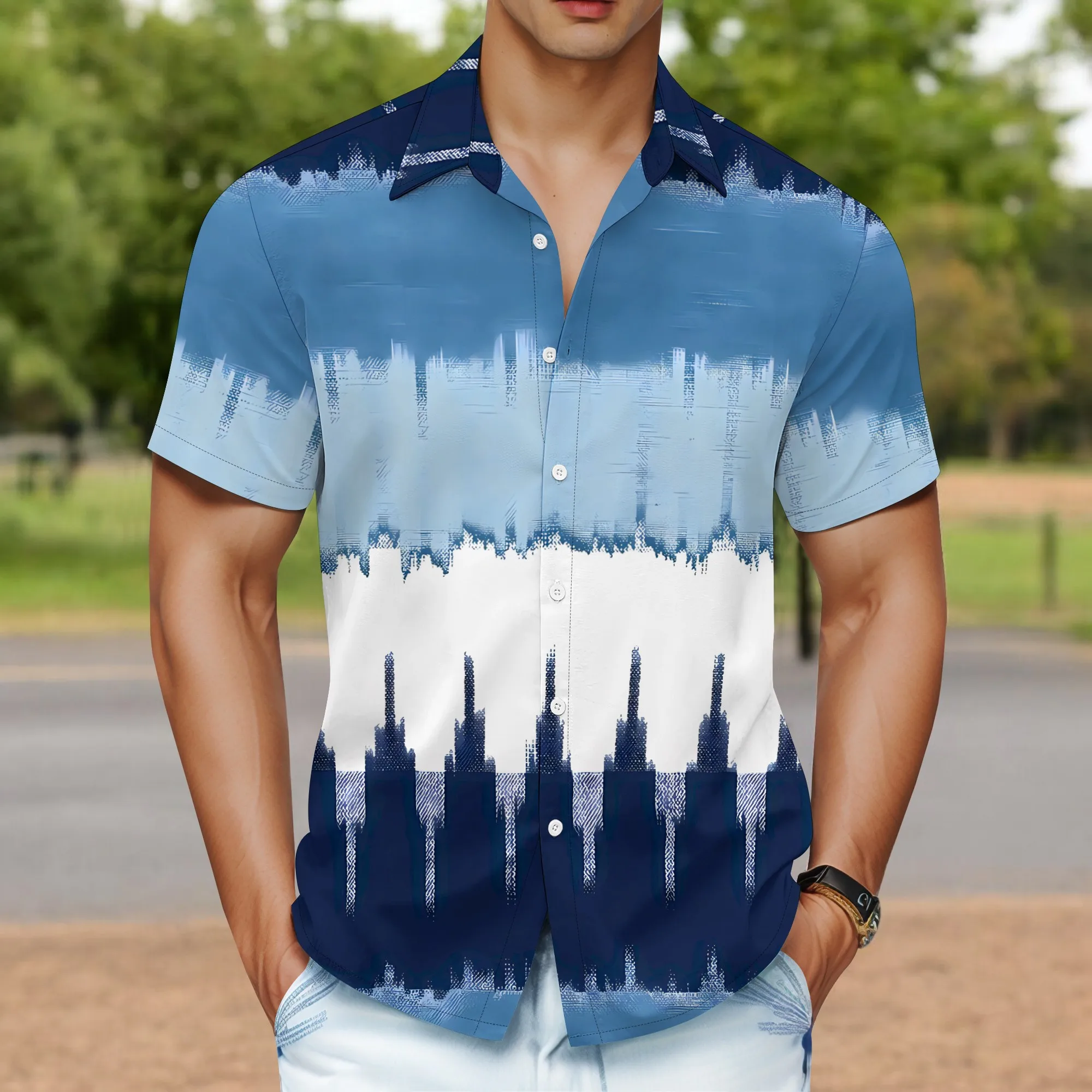 YEAE Blue White Gradient Wave Print Shirt for Men Summer Casual Short Sleeve Top