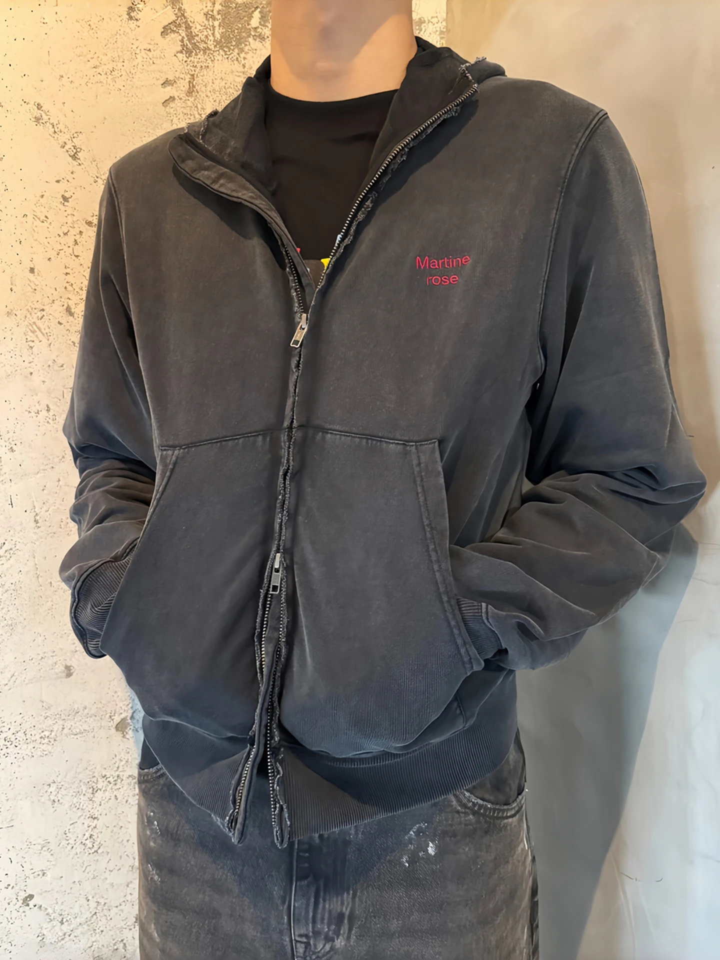 Martine Rose American Style Autumn Winter Hoodie Double Zipper Patchwork Embroidery Washed out Unisex Sweatshirt Cotton Material