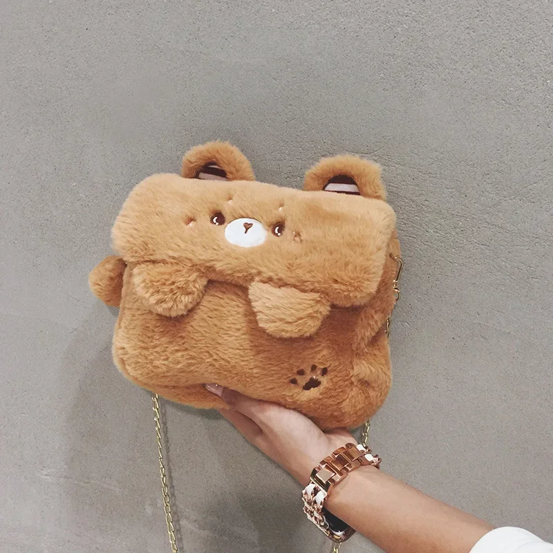 Cute Little Bear borsa a tracolla in peluche donna morbida e soffice Kawaii borsa Versatile inverno Casual ragazze Kid borsa a tracolla in tinta unita